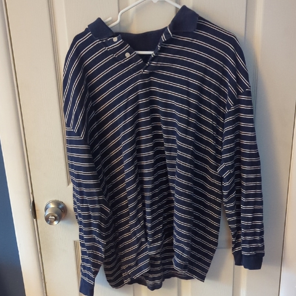 Navy and White Striped Polo Shirt